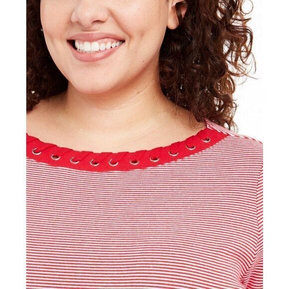 Karen Scott Red/White Plus Size Grommet-Trim Top - Picture 3 of 7